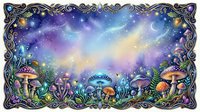 Enchanted forest floor with glowing mushrooms, magical plants, and cosmic starry night sky with ornate decorative border frame. Fantasy woodland scene for mystical designs.