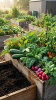 Vegetable garden with raised wooden beds containing fresh cucumbers, radishes, tomatoes, and leafy greens growing in sunlight with storage shed in background.