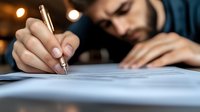 Young bearded man signing important document with fountain pen in dimly lit room, focused on paperwork.
