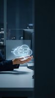 Businessperson holding glowing cloud network hologram above desk in modern office, representing digital infrastructure, data storage, and cloud computing technology solutions.