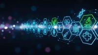 Digital healthcare technology network with glowing hexagonal medical icons and data connections on dark background for modern medicine concepts.