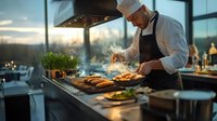 Male chef in white uniform and black apron grilling meat in modern restaurant kitchen with dramatic evening lighting, steam rising from food preparation. Professional culinary scene.