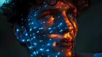Young man's face illuminated by contrasting orange and blue light effects with glowing dots pattern projection creating mysterious atmospheric portrait.