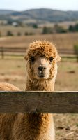 Alpaca with fluffy tan coat peering over wooden fence in rural farmland valley setting, suitable for agriculture, animal husbandry, and livestock content.