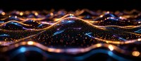 Abstract digital landscape with glowing golden and blue waves of particles flowing over dark background creating futuristic terrain visualization.