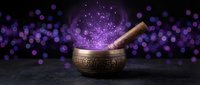 Tibetan singing bowl with wooden mallet emitting magical purple energy and sparkles against dark background with bokeh lights for meditation and healing.