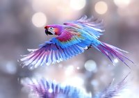 Vibrant scarlet macaw with spread wings soaring over reflective water surface, displaying brilliant blue and pink feathers against soft bokeh background.