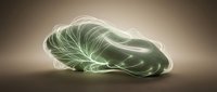 Glowing green leaf with luminous veins and ethereal light effect on neutral background, suitable for wellness, nature, and digital design projects.