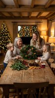 Multi-generational family making Christmas wreath together in cozy rustic home with exposed beams and holiday decorations during festive season celebration.