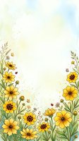 Watercolor wildflower border frame with yellow daisies and butterflies on soft pastel background for spring greeting cards and invitations.