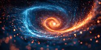 Spiral galaxy formation with contrasting orange and blue cosmic swirls against dark space background, glowing particles create dynamic celestial motion effect.