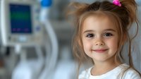 Young Caucasian girl with brown hair in ponytails and pink bow smiling warmly at camera, wearing white top against blurred medical office background. Healthcare concept.
