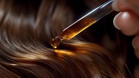 Dropper with hair oil or serum dripping onto shiny brown hair strands in macro shot, showing haircare and beauty treatment process with golden liquid glow.