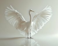 Majestic white egret with spread wings standing on reflective surface against light background, creating ethereal and graceful appearance in studio setting.