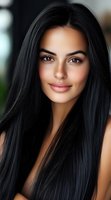 Young woman with long black hair, olive skin tone and natural makeup smiling softly at camera. Close-up portrait showing radiant complexion and gentle expression.