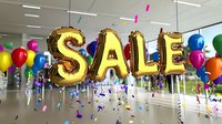 Gold foil balloon letters spelling SALE with colorful party balloons and falling confetti in bright modern interior space. Festive retail promotion celebration atmosphere.
