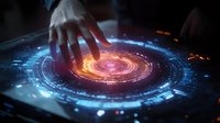 Futuristic holographic interface with glowing orange and blue circular elements activated by human hand touching digital display panel. Interactive technology concept.