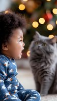 African American toddler in dog-print pajamas expressing joy while interacting with grey cat against blurred Christmas lights background, capturing pure childhood wonder.