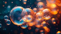 Floating soap bubbles against dark background with orange and blue bokeh lights creating magical atmospheric effect. Macro photography with selective focus.