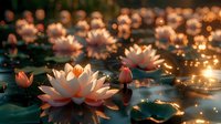 Pink lotus flowers floating on dark water surface with magical golden bokeh lights creating peaceful zen atmosphere at sunset. Spiritual meditation concept.
