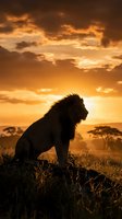 Majestic lion silhouette sitting on rocky outcrop against dramatic golden sunset sky with acacia trees in African savanna landscape for wildlife photography.