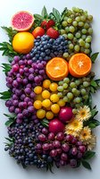 Fresh seasonal fruits arrangement with colorful grapes, citrus, strawberries and gerbera flowers on white background. Vibrant healthy food composition.