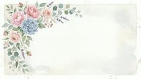 Watercolor floral corner arrangement with pink roses, blue hydrangea, and eucalyptus leaves on aged cream background. Isolated design element for invitations and stationery.