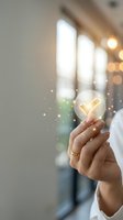 Businesswoman hand holding glowing checkmark symbol with sparkling light effects in modern office environment for success and achievement concepts.