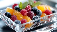 Fresh mixed berries and orange segments in crystal bowl with mint garnish, bright colors and water droplets create appetizing healthy dessert presentation.