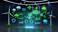 Futuristic green technology dashboard displaying renewable energy data with wind turbines and eco-friendly icons in modern digital interface.