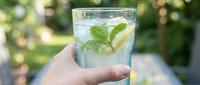 Hand holding glass of refreshing lemonade with fresh mint leaves and lemon slices outdoors on sunny day, perfect for beverage, summer drink, and lifestyle content.