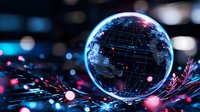 Glowing digital earth sphere with blue neon light effect on dark background with pink bokeh lights and decorative branches, futuristic global network concept.