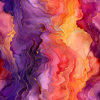 Abstract fluid art background with vibrant purple, orange and pink marble effect. Gold lines create luxurious wavy pattern. Seamless design for fabric and decor.