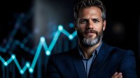 Confident mature businessman with gray beard wearing navy suit against glowing blue financial chart background, arms crossed, expressing success and leadership.