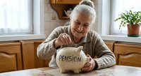 Elderly Caucasian woman inserting coin into piggy bank labeled Pension at home kitchen table, retirement savings concept.