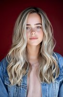 Young Caucasian woman with long wavy platinum blonde hair wearing denim jacket and pink top against dark red background, natural makeup look and confident expression.