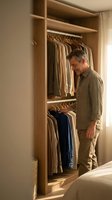 Middle-aged Caucasian man organizing clothes in modern wooden wardrobe closet. Home organization and storage solutions for bedroom interior design.
