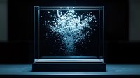 Glowing particles suspended in illuminated glass display case create ethereal floating effect against dark background, showcasing dynamic motion and light interaction.