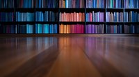 Colorful library bookshelves with vibrant glowing spines casting dramatic shadows on wooden floor. Atmospheric lighting creates mystical reading room ambiance.