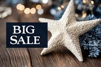 Holiday shopping promotion with starfish decoration and sale sign on rustic wooden background with warm bokeh lights for seasonal marketing campaigns.