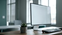 Modern desktop computer with blank white screen on wooden desk beside small succulent plant in bright minimalist office workspace.