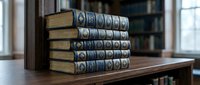 Antique leather-bound books stacked on wooden table in library setting with blurred bookshelf background, suitable for education and literature themes.