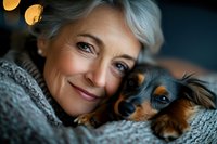 Senior Caucasian woman with silver hair cuddling small dachshund puppy in cozy knit blanket. Warm indoor lighting creates intimate bonding moment between pet owner and dog.