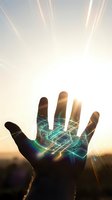 Hand silhouette with glowing digital circuit patterns and light rays, representing technology, innovation, artificial intelligence, and digital transformation concepts for business and future.