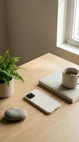Minimalist wooden desk setup with smartphone, coffee cup, fern plant and stone creating peaceful workspace atmosphere for productivity and relaxation.