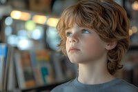 Young boy with wavy blonde hair and blue eyes gazing upward with wonder and curiosity against blurred bookstore background, wearing gray t-shirt in natural lighting.