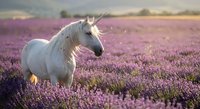 White horse standing in purple lavender field during golden hour sunset with dreamy bokeh background creating magical fairy tale atmosphere for fantasy concepts.