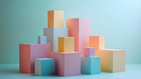 Geometric composition with pastel colored cubes and rectangles arranged in abstract formation against mint green background, soft shadows create depth and dimension.