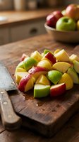 Fresh chopped apples on wooden cutting board in rustic kitchen setting for healthy cooking and meal preparation.