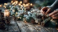 Hands crafting festive holiday wreath with pine cones, fir branches, and string lights on rustic wooden table, creating cozy Christmas atmosphere.